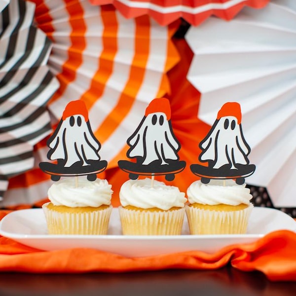 Skateboarding Ghost Cupcake Toppers, Retro Halloween Party Decorations (Set of 12)