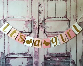 Bunny Baby Shower Banner, Pink and Gold Glitter Decor
