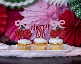 Glitter Cherry Cupcake Toppers, Bridal Shower, Baby Shower