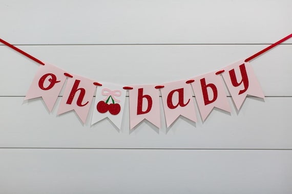Cherry Oh Baby Shower Banner - Pink and Red Glitter