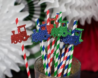 Glitter Train Paper Straws (Set of 12), Train Party Decorations