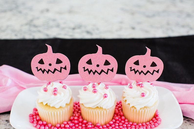 Pink and Black Halloween Decorations. Pink and Black Pumpkin Decorations. Jack o Lantern Cupcake Toppers. Girl Halloween Birthday Decoration image 1