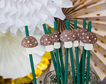 Mushroom Straws, Woodland Party Decorations, Set of 12