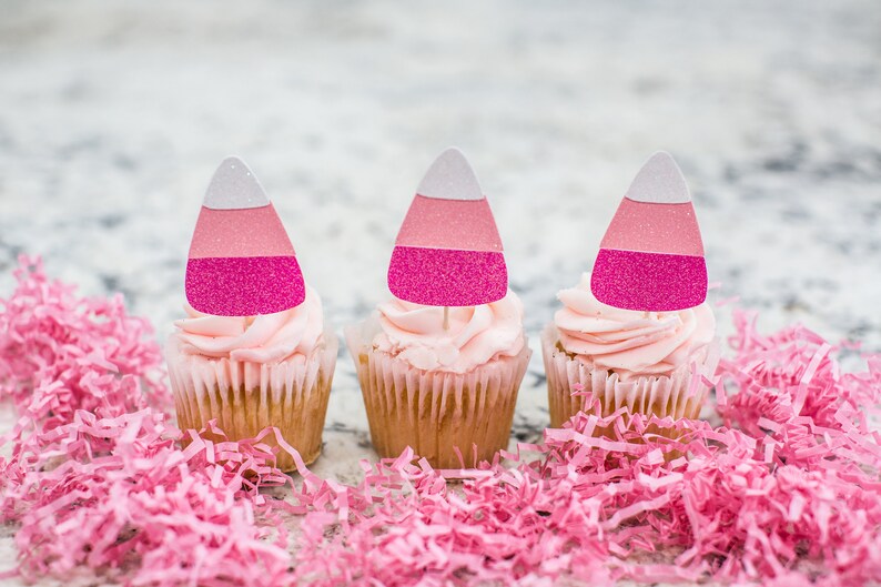 Pink Candy Corn Cupcake Toppers. Candy Corn Party Decorations. Pink Halloween Decorations. Pink Halloween Birthday. Girl Halloween Birthday. image 1
