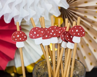 Mushroom Party Straws, Toadstool Birthday Decorations (12 Kraft Straws)