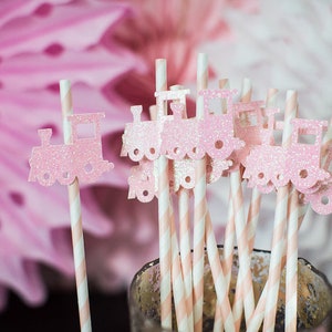 Pink Glitter Train Party Straws, Girl Birthday Decor (12 ct)