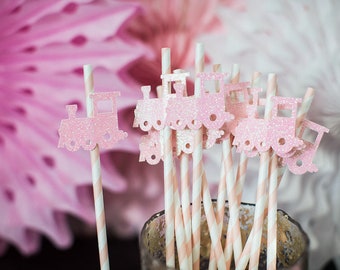 Pink Glitter Train Party Straws, Girl Birthday Decor (12 ct)