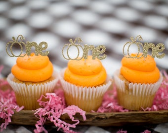 Little Pumpkin Cupcake Toppers. Little Pumpkin 1st Birthday Decorations. One Glitter Gold Cupcake Toppers. Gold Pumpkin Party Decorations.