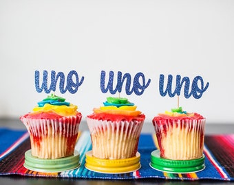 Blue Glitter Uno Cupcake Toppers, First Fiesta Decorations (Set of 12)