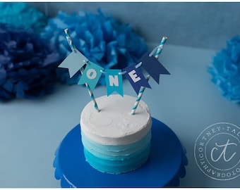 Blue First Birthday Cake Topper, Ombre Party Decor