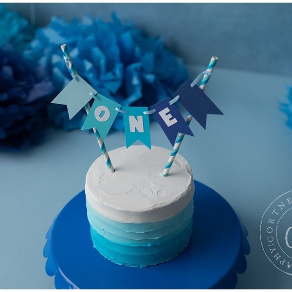 Boy First Birthday Decorations, One Cake Topper, Blue Smash Cake Topper, Blue Ombre Party Decorations, Boy Cake Topper, Boy Cake Bunting