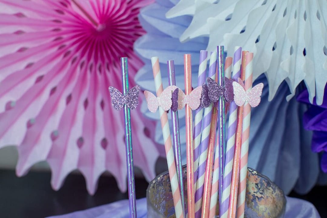 Butterfly Party Straws. Butterfly Party Decorations. Pink and Purple Butterfly Party. Fairy