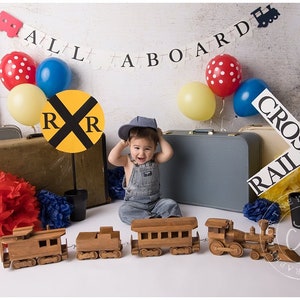 All Aboard Train Birthday Banner: Engine & Caboose Party Decor
