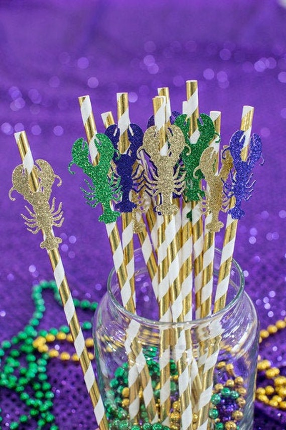 Mardi Gras Straws. Mardi Gras Party Decorations. NOLA Party Decorations.  Crawfish Mardi Gras Decorations. Crawfish Boil Decor. Fat Tuesday.