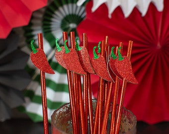 Fiesta Party Straws: Red Glitter Chili Pepper Decorations (12-Count)