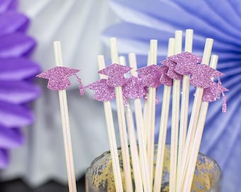 Purple Graduation Party Decorations. Lavender Grad Cap Straws. 12 Count.