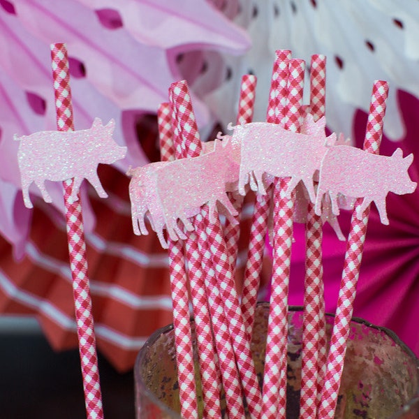 Pajitas para fiesta de cerdos / Cerdo rosa brillante, cuadros rojos (12 unidades)
