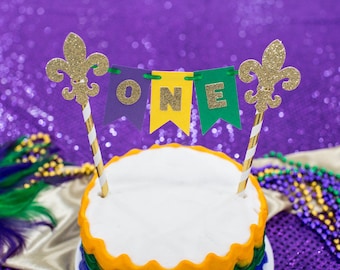 Mardi Gras 1st Birthday Cake Topper: Glitter Fleur de Lis Bunting