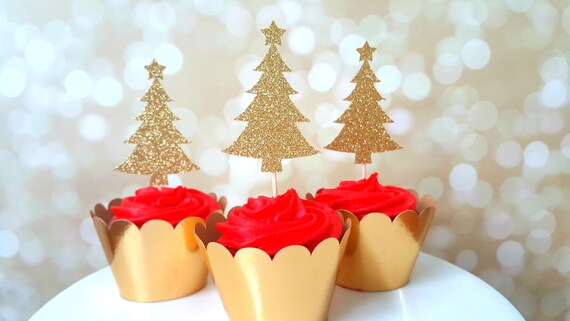 Christmas Cupcake Toppers, Christmas Tree Cupcake Toppers, Glitter Christmas Cupcake Toppers, Christmas Party Decorations, Holiday Toppers Il_570xn