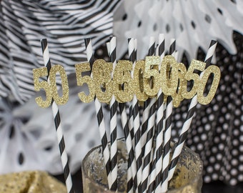 50th Birthday Straws, Gold Glitter Number 50, Party Decor
