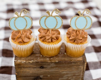 Little Pumpkin Cupcake Toppers. Blue and Gold Little Pumpkin Decorations. Boy Pumpkin Baby Shower Decorations. Boy Fall Baby Shower Decor.