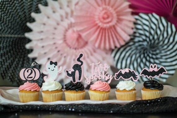 Two Spooky Party Decorations. Two Spooky Cupcake Toppers. Pink Ghost Birthday Decorations. Ghost Birthday. Pink and Black Halloween Party. Il_570xn
