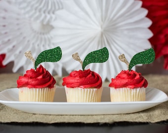 Glitter Apple Cupcake Toppers, Party Decorations (Set of 12)