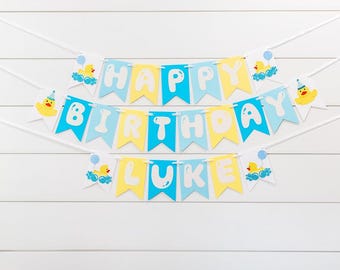 May include: A festive birthday banner with the words "HAPPY BIRTHDAY LUKE" in blue and yellow pennants. The banner is decorated with cartoon ducks and balloons, perfect for a child's birthday party.
