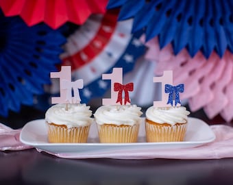 Pink 4th of July Cupcake Toppers, Red White Blue Bows, First Birthday
