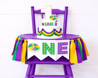 First Birthday Mardi Gras. Gold Green Purple Highchair Decorations. One cake Topper