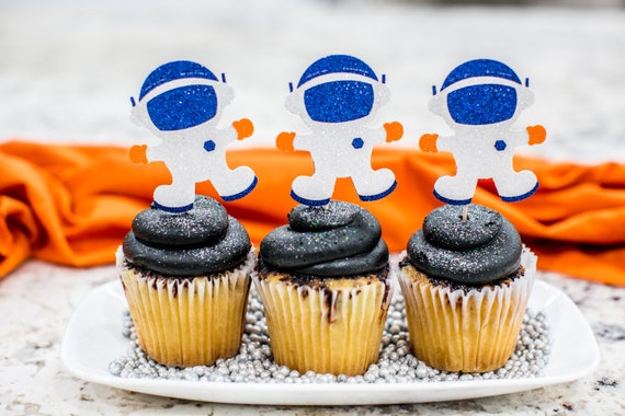 24 Stück Raketen-Cupcake-Deko – Weltraum-Party Topper Für Babyshower, Geburtstag & Desserts In Blau & Schwarz Mit Glitzer