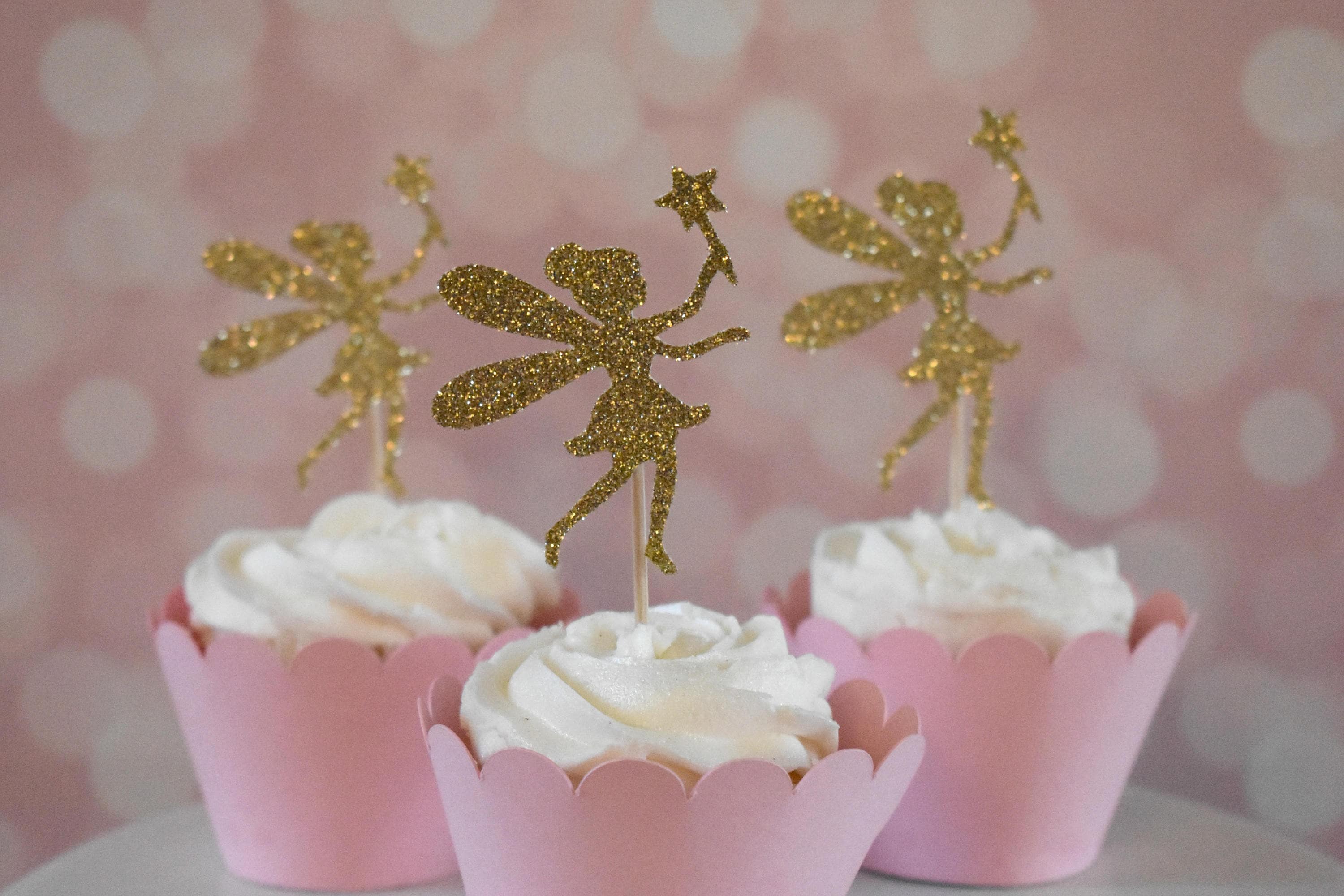 48 Stück Blumenfee Cupcake-Topper Mit Gold Glitzer – Vormontiert, Aus Karton & Bambus, Für Geburtstag & Hochzeit