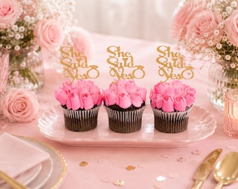 Gold Glitter She Said Yes Cupcake Toppers, Engagement Party Decor