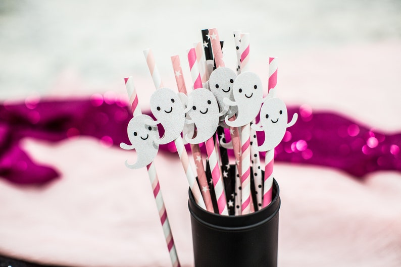 Pink Halloween Decorations. Ghost Party Straws. Pink Halloween Birthday. Ghost Birthday Decorations. Girl Halloween Birthday Decor. image 1