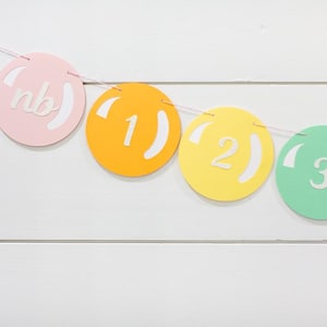 May include: A colorful banner with circular cutouts strung on a pink string. The circles are in pastel colors: pink, orange, yellow, green, and blue. Each circle has a white number or letters. The first circle has the letters "nb".