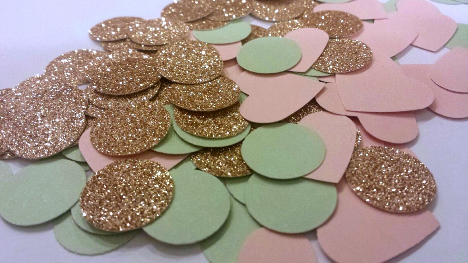 Mint Green hand made confetti Table decoration. Peach Silver Heart Confetti 