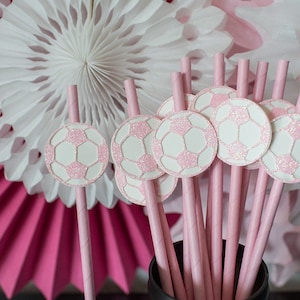 Pink Soccer Party Decorations. Girl Soccer Birthday. Girl Soccer Party. Soccer Straws. Pink Soccer Baby Shower. Girl Sports Party Decoration