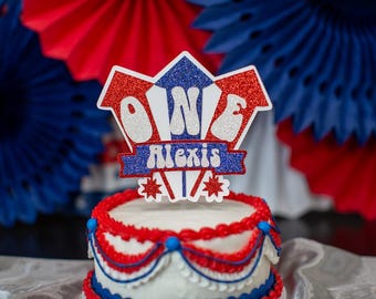 Personalized Glitter Firecracker Cake Topper, 4th of July Birthday