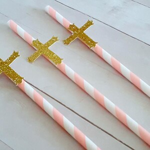 12 Pink and Gold Cross Straws Pink and Gold Baptism Party Pink and Gold Baptism Decorations Christening Party Christening Decor Confirmation
