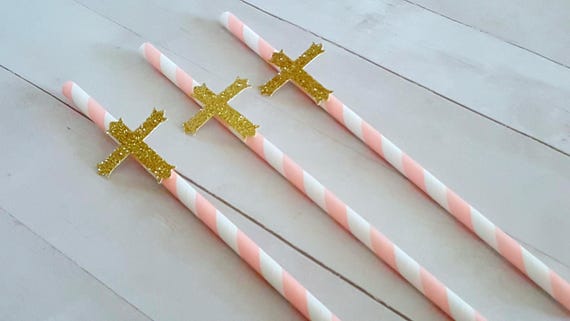 12 Pink and Gold Cross Straws Pink and Gold Baptism Party Pink and Gold Baptism Decorations Christening Party Christening Decor Confirmation Il_570xn
