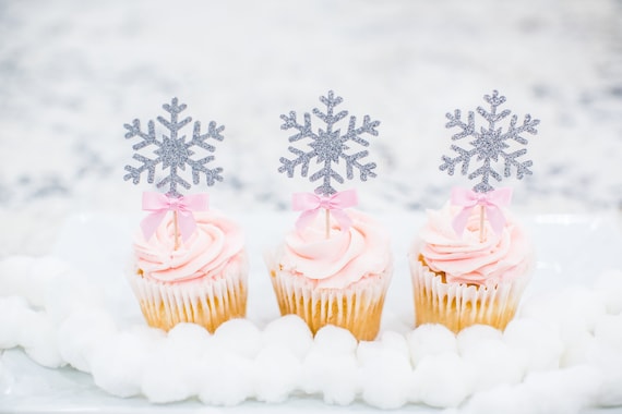 Winter Onederland Silver Snowflake Cupcake Toppers for Girl. Winter Onederland 1st Birthday Decor. Silver Glitter Snowflake Cupcake Toppers Il_570xn