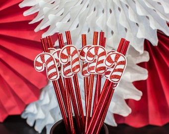 Candy Cane Straws, Red Glitter Party Decorations (Set of 12)