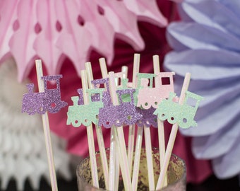 Glitter Train Straws, Pastel Girl Birthday Party Decorations (12 ct)