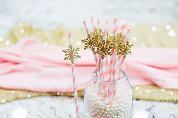 Pink and Gold Winter Onederland. Snowflake Party Straws. Pink and Gold 1st  Birthday. Girl Snowflake Baby Shower. Baby It's Cold Outside.