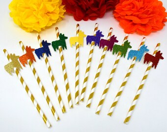 Fiesta Party Straws, Glitter Pinata Decorations, Set of 10