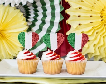 Italian Flag Heart Cupcake Toppers, Pizza Party Decorations