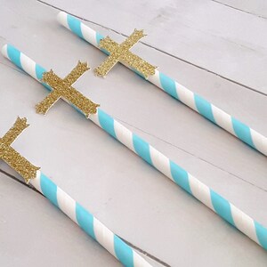 12 Cross Straws Blue and Gold Cross Straws Boy Baptism Decorations Boy Confirmation Decorations Easter Straws Boy Christening Decorations