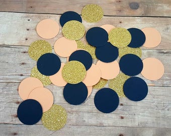 225 Peach, Navy Blue, and Gold Confetti, Peach Navy Gold Party Decor, Peach Navy Gold Wedding, Peach Navy Gold Bridal Shower Decor, Navy Dot