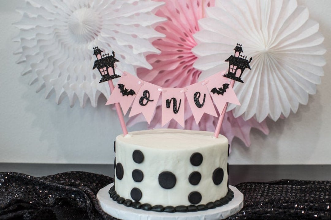 Pink and Black Halloween Cake Topper. Pink and Black Halloween Birthday