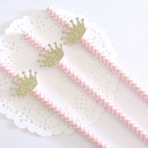 12 Princess Crown Paper Straws Princess Party Decoration Princess Birthday Party Pink Paper Straws Pink White Chevron Princess Theme